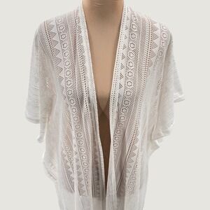 Bon Voyage Womens White Geometric Lace Fringe Hem Open Front Kimono‎ Coverup